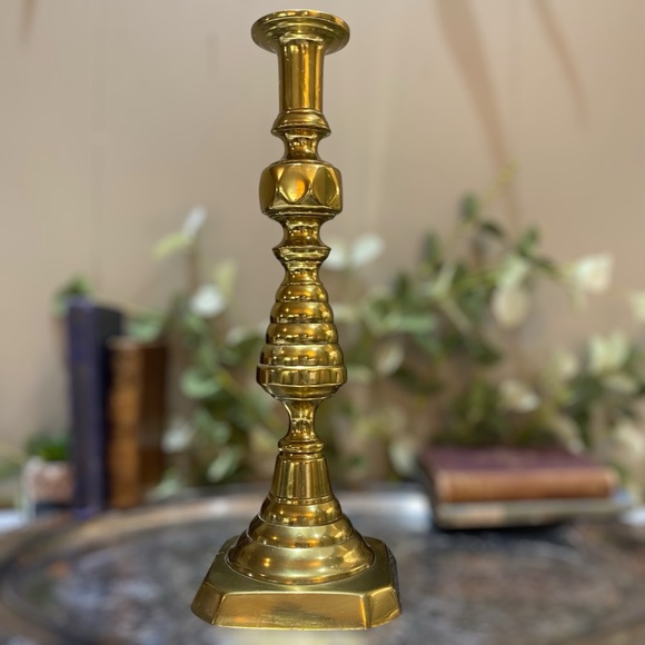 Antique 14” English Victorian (c1860-1890) Beehive Brass Candlestick Push-Up